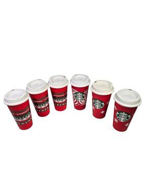 Starbucks Lot of 6 Christmas Holiday 16oz Reusable Cups w/ Lids 2013 Red